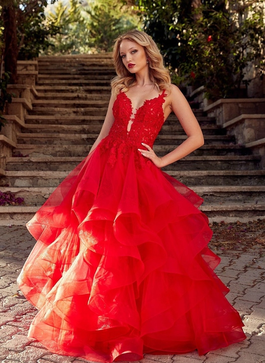 Beautiful A Line Spaghetti Straps Red Lace Layered Organza Long Prom Dress Date Dress SH6506