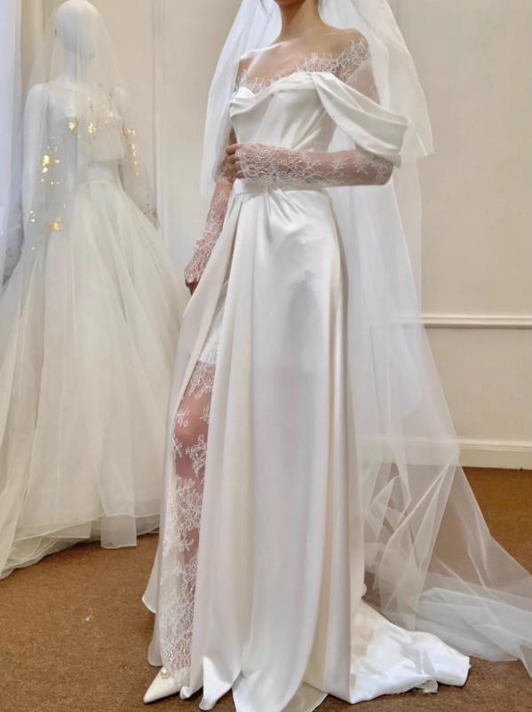 Gentle White A Line Long Sleeve Sequin Lace Satin Evening Dress Party Dress Wedding Dress SH3476