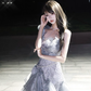 Stunning Grey Ball Gown Off the Shoulder Beaded Organza Satin Prom Dress Party Dress SH5026