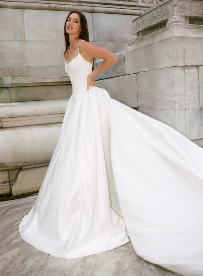Beautiful A Line Spaghetti Strap White Simple Satin Wedding Dress SH6033