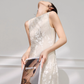 White A Line Round Neck Print Floral Chiffon Prom Dress Outfits SH4734