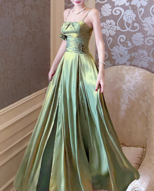 Green A Line Straps Floral Satin Prom Dress Evening Dress Formal Dress SH4086