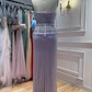 Lilac A Line Strapless Beaded Tassel Satin Long Prom Dress Evening Dress SH8951