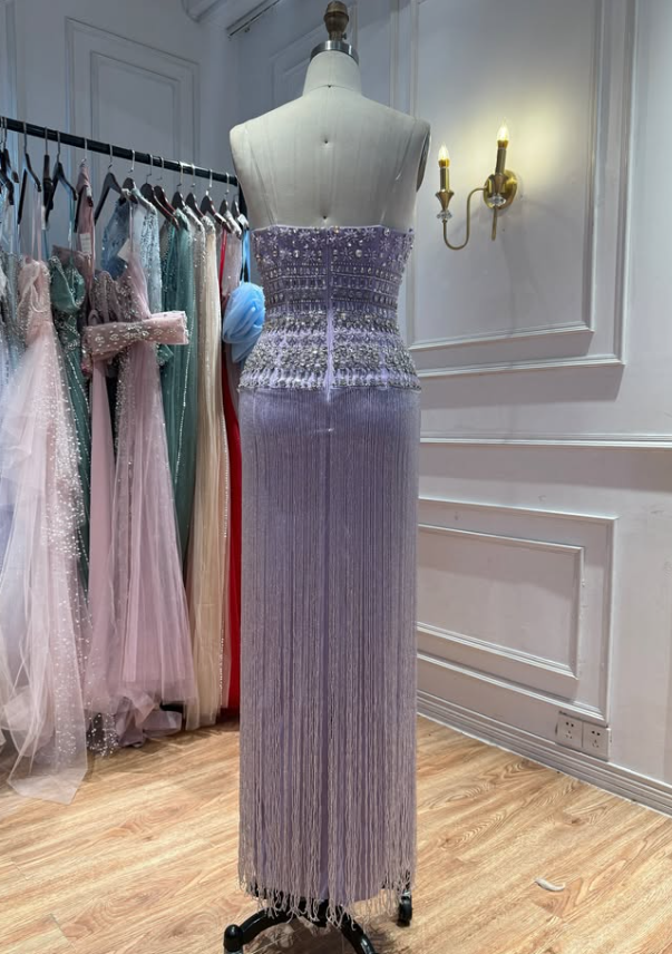 Lilac A Line Strapless Beaded Tassel Satin Long Prom Dress Evening Dress SH8951