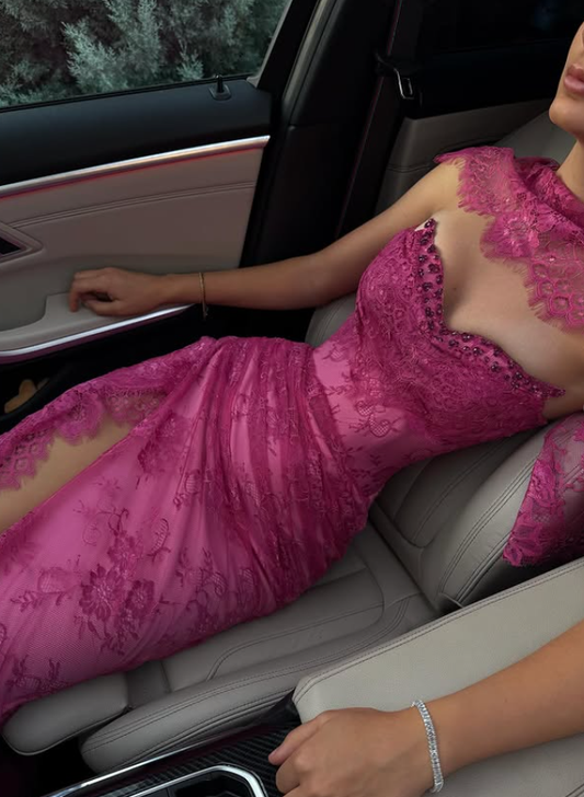 Pink A Line Sweetheart Neck Beaded Lace Prom Dress Evening Dress with Slit SH4438