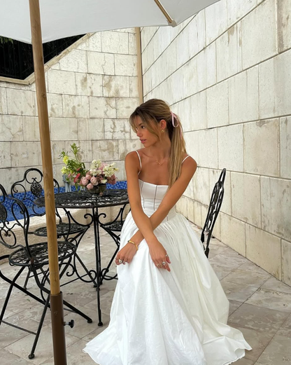 2025 New A Line Spaghetti Strap White Satin Long Prom Dress Evening Dress SH2225