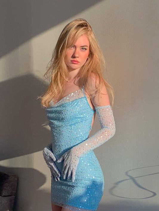 Stunning Blue Sequin Sheath Spaghetti Strap Tulle Mini Homecoming Dress Cocktail Dress SH3713