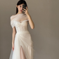 Elegant A Line Sweetheart Neck White Tulle Long Wedding Dress with Slit  SH5098