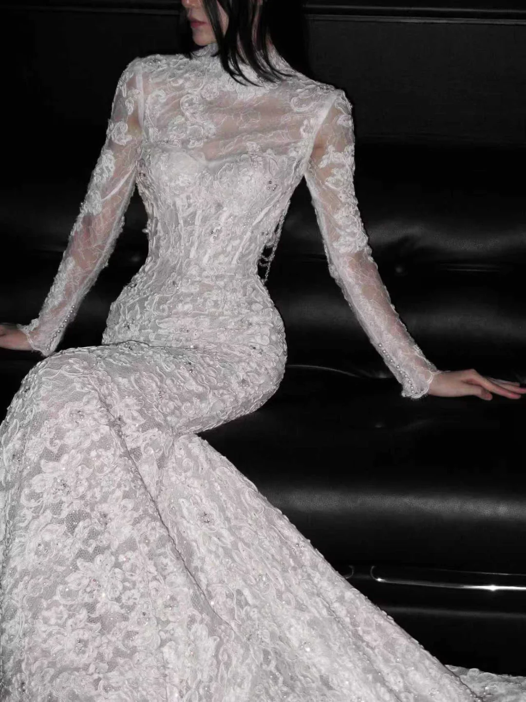 Stunning Mermaid Long Sleeve Beaded White Lace Backless Long Sweep Wedding Dress SH5232