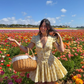 Yellow A Line Puff Sleeve Print Floral Satin Short Prom Dress Homecoming Dress SH6396