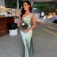 Pretty Sheath One Shoulder Green Satin Bridesmaid Dress Evening Dress with Slit SH3203