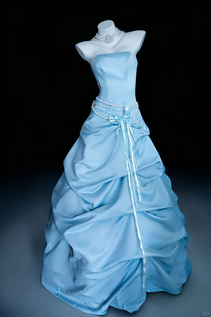 Cute Blue A Line Strapless Pleated Satin Long Graduation Prom Dress SH5287