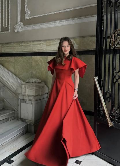 Red Classic A Line Simple Satin Long Prom Dress Wedding Guest Dress SH5398