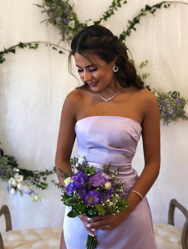 Simple Purple A Line Strapless Satin Long Prom Dress Evening Dress with Slit SH6533