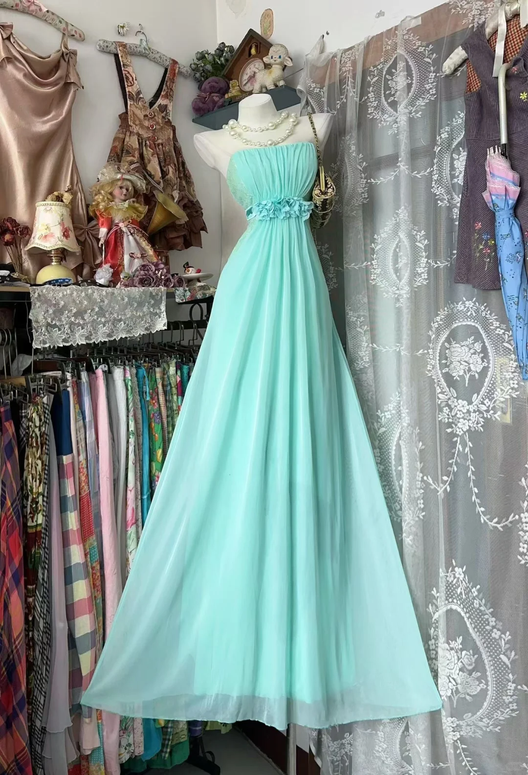 Vintage Minty Aqua A Line Strapless Chiffon Prom Dress Evening Dress SH5686