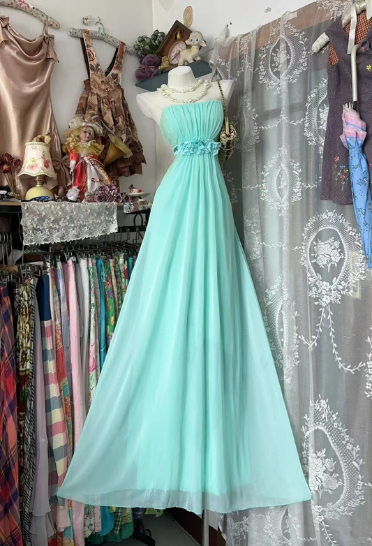 Vintage Minty Aqua A Line Strapless Chiffon Prom Dress Evening Dress SH5686