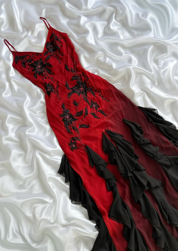 Vintage Sexy A Line Black Beaded Ruffle Red Chiffon Long Party Dress Prom Dress SH5469