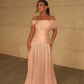 Shiny A Line Off the Shoulder Beaded Satin Long Prom Dress Evening Dress SH7302