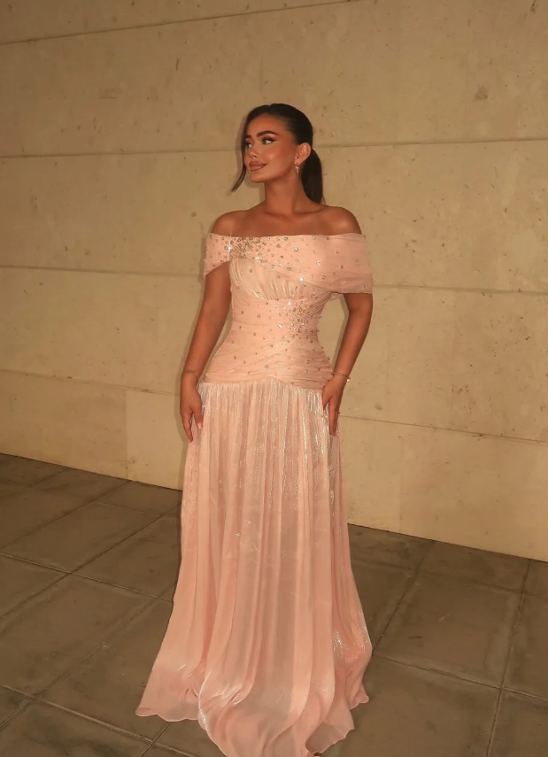 Shiny A Line Off the Shoulder Beaded Satin Long Prom Dress Evening Dress SH7302