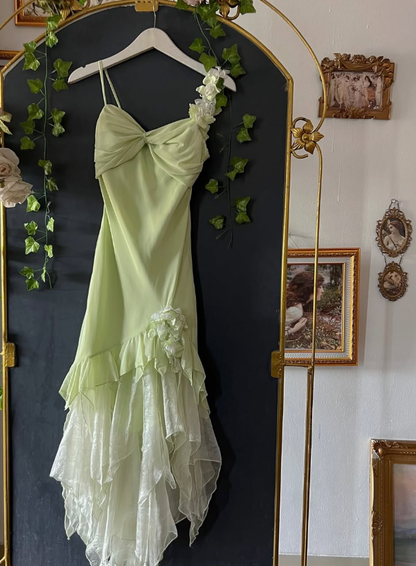 Fairy Vintage Green Mermaid Exquisite Floral Chiffon Prom Dress Wedding Guest Dress SH5387