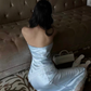 Two Piece Baby Blue Sheath Strapless Lace Satin Prom Dress Evening Dress SH8778