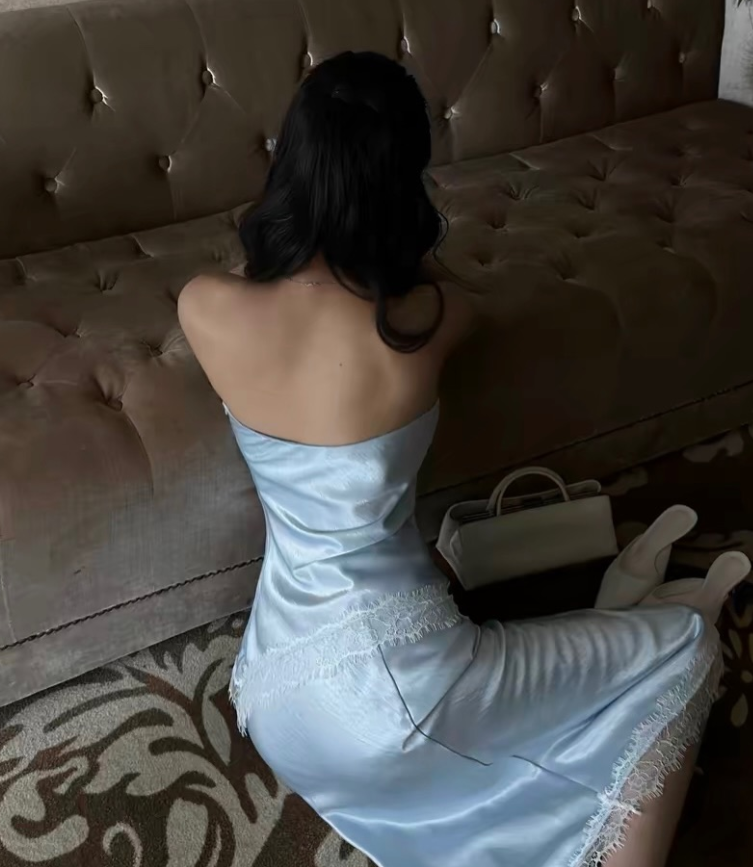Two Piece Baby Blue Sheath Strapless Lace Satin Prom Dress Evening Dress SH8778