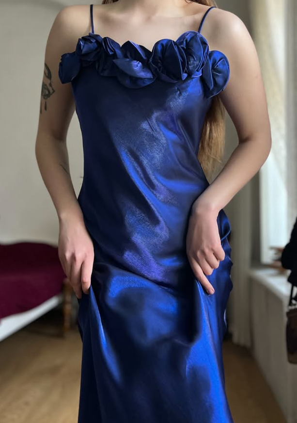 Dazzling Navy Blue A Line Straps Floral Satin Prom Dress Evening Dress Date Dress SH5638