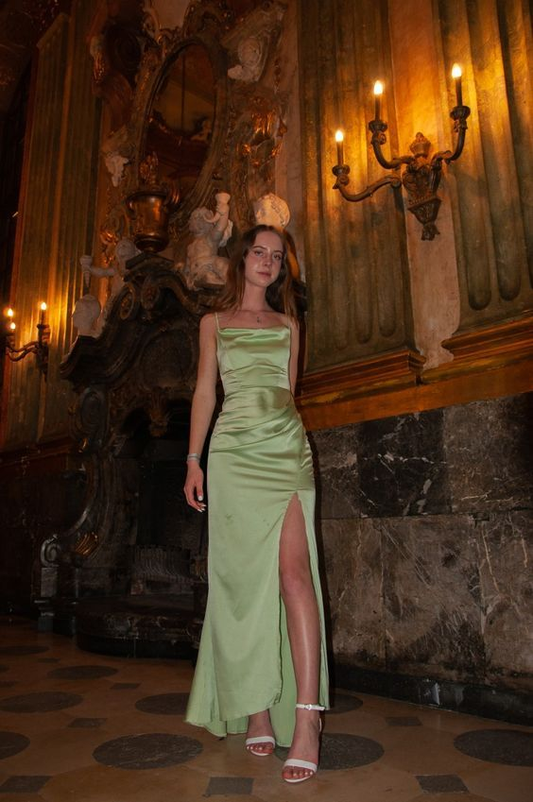 Simple A Line Straps Sage Green Slit Prom Dress SH1217