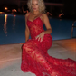 Red Spaghetti Straps Lace Beading Gorgeous Mermaid Evening Dress SH1204
