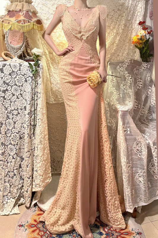 Vintage Mermaid V Neck Lace Pink Satin Prom Dress Wedding Guest Dress SH4655