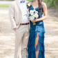 Green V-Neck Satin Chiffon Ruffle Long Prom Dress Mermaid Slit Evening Dress  SH1530