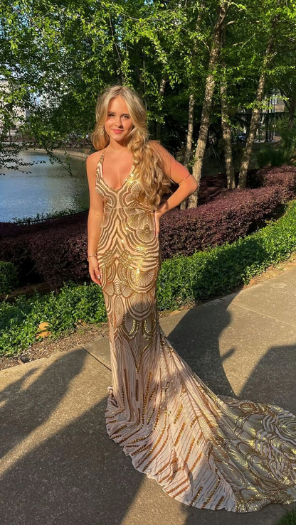 Unique Mermaid Golden Sequin Long Sweep Open Back Prom Dress Evening Dress SH1021