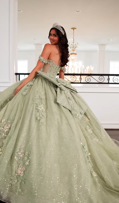 Sweety Green Ball Gown Applique Sequin Tulle Satin Long Prom Dress Quinceanera Dress SH5168