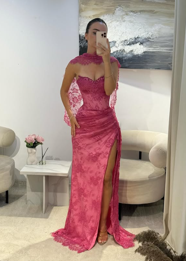 Pink A Line Sweetheart Neck Beaded Lace Prom Dress Evening Dress with Slit SH4438