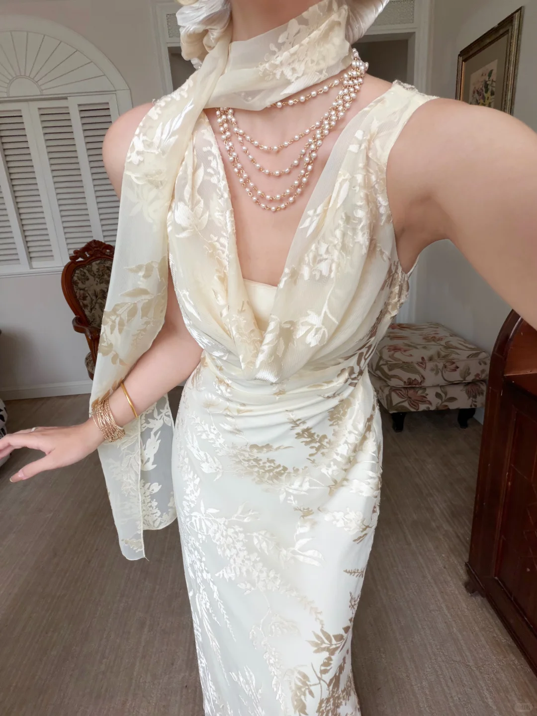 Gentle Mermaid Print Flower Light Champagne Chiffon Long Prom Dress Evening Dress SH6050