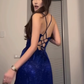 Royal Blue A Line Spaghetti Strap Sequin Prom Dress Evening Dress with Slit SH4347