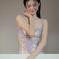 Shiny Pink Sheath Straps Rhinestone Sequin Prom Dress Evening Dress Party Dress SH4220