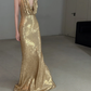 Shiny Gold Sheath Halter Sequin Long Prom Dress Wedding Guest Dress SH7712