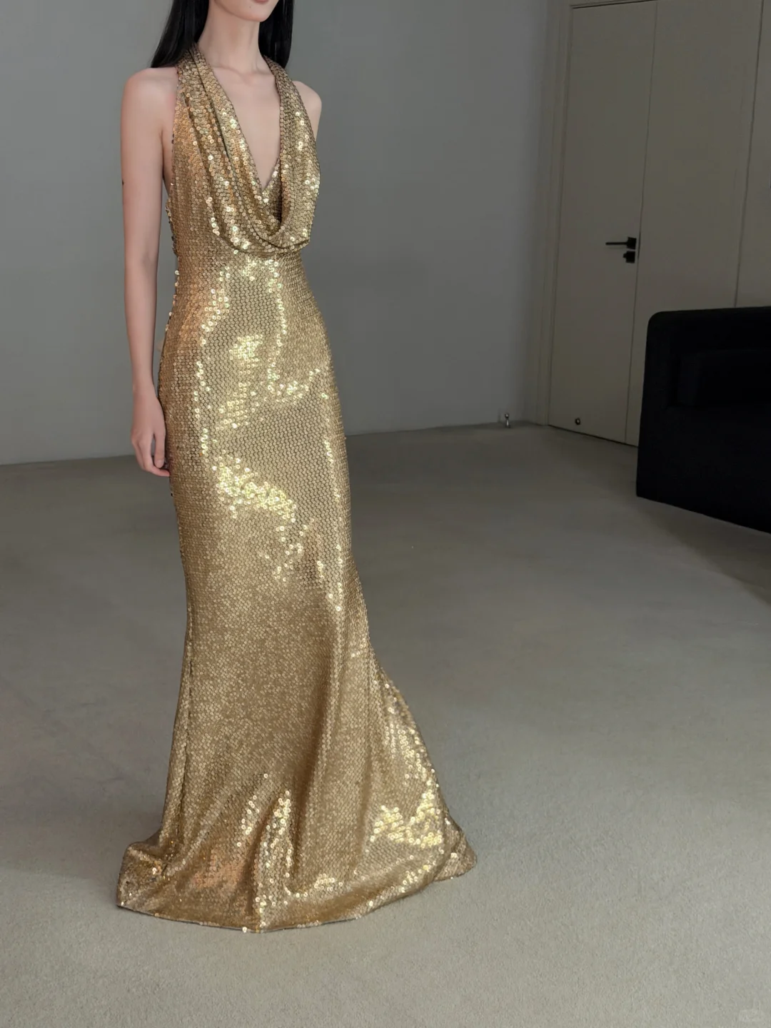 Shiny Gold Sheath Halter Sequin Long Prom Dress Wedding Guest Dress SH7712