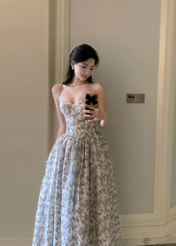 Blue Print Floral A Line Sweetheart Neck Chiffon Long Prom Dress Evening Dress SH8795