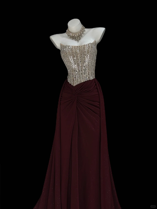 Gentle A Line Strapless Rhinestone Dark Burgundy Satin Long Prom Dress Evening Dress SH5009