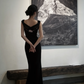 Vintage Black Mermaid Embroidery Satin Prom Dress Evening Dress Date Dress SH5600