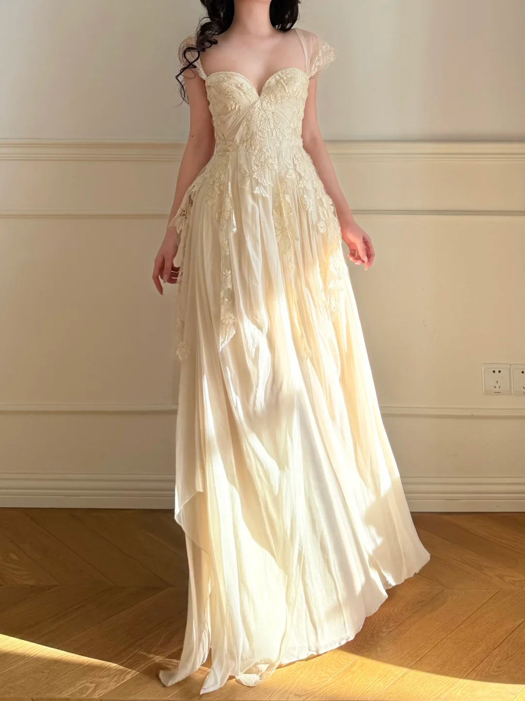 Vintage Sweety A Line Straps Apricot Lace Chiffon Wedding Guest Dress Prom Dress SH5441