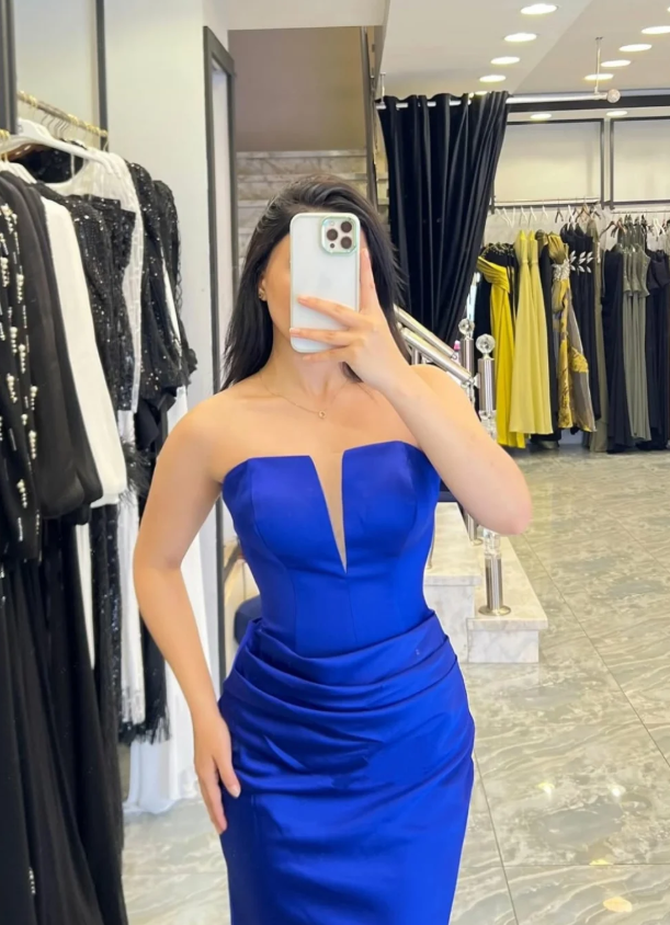 Royal Blue Sheath Strapless Satin Long Prom Dress Evening Dress SH7317