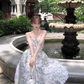 Blue A Line Sweetheart Neck Print Floral Satin Prom Dress 16th Birthday Dress SH3984