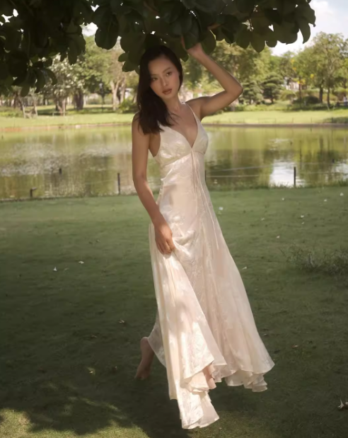 Elegant A Line Spaghetti Strap Print Floral Satin Long Party Dress Wedding Guest Dress SH3154