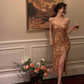 Sexy Sheath Spaghetti Straps Golden Sequin Prom Dress Evening Dress 16th Birthday Dress SH4051