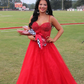 Charming Red Ball Gown Spaghetti Strap Beaded Corset Tulle Long Prom Dress Evening Dress SH6586