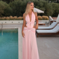 Pink A Line V Neck Floral Chiffon Open Back Prom Dress Evening Dress SH4042