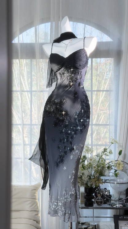 Sexy Black Sheath Floral Beaded Chiffon Long Prom Dress Graduation Prom Dress SH5349